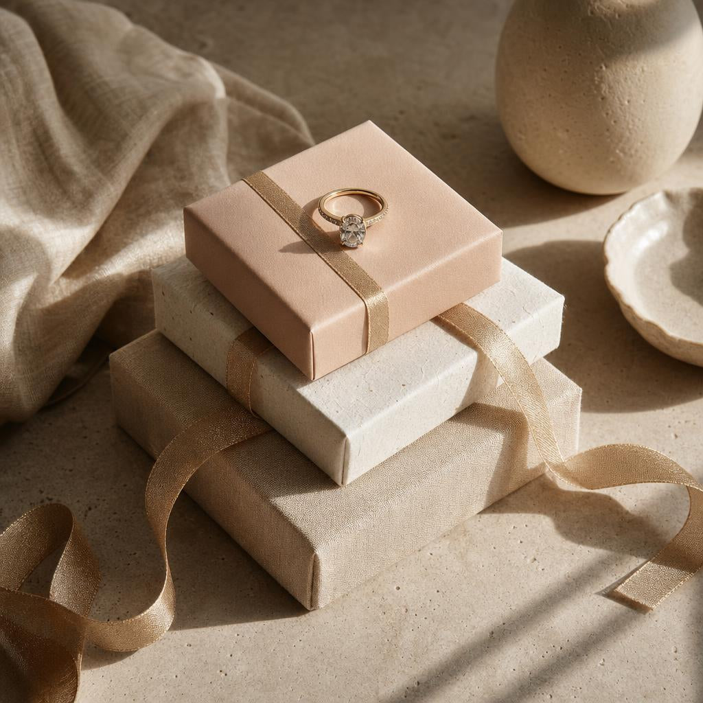 A single ring resting on wrapped gift boxes with gold ribbon