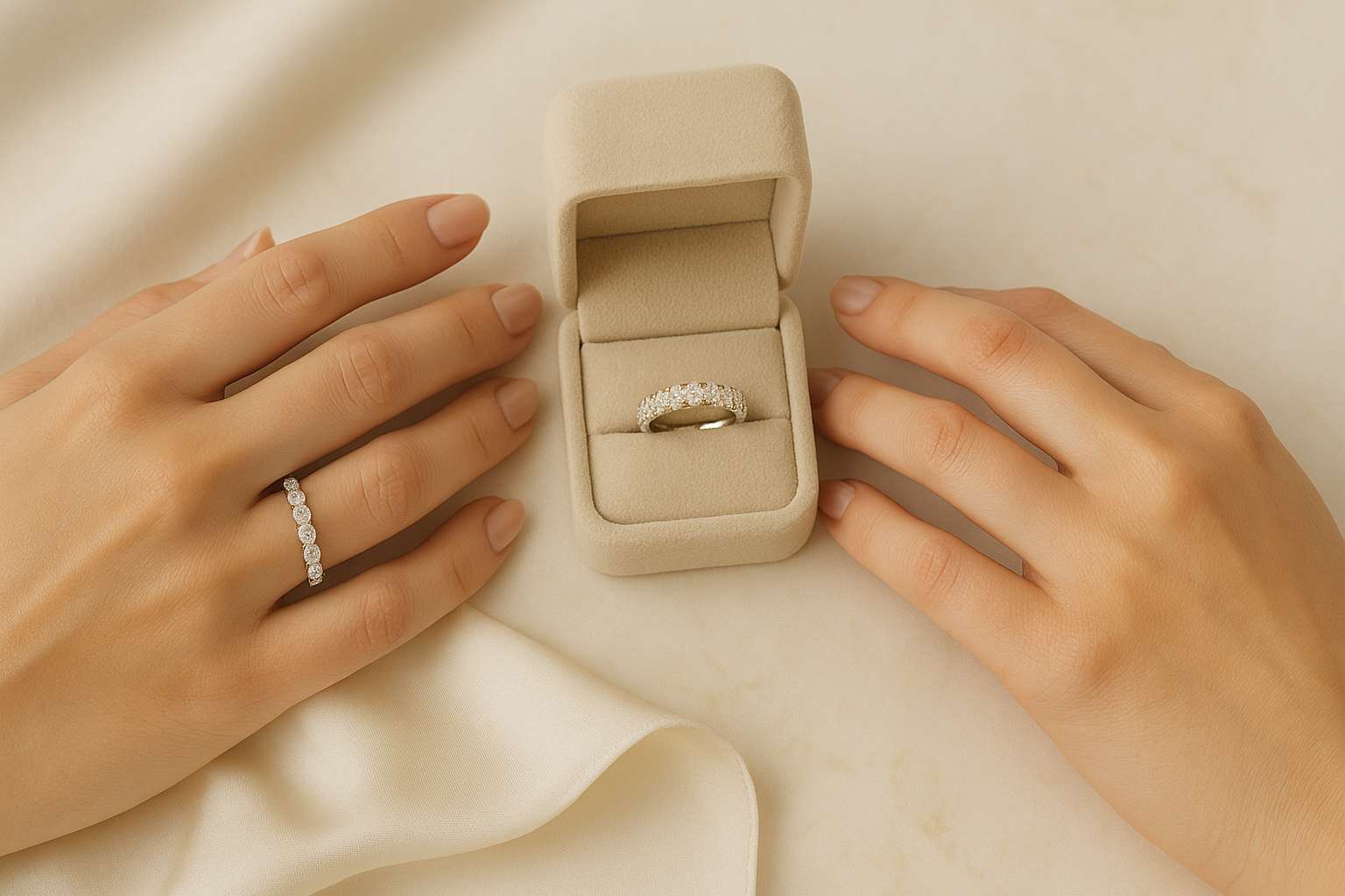 Two hands displaying eternity vs anniversary rings: a full-eternity diamond band on the left hand, a half-eternity band on the right, with a beige ring box on cream fabric.