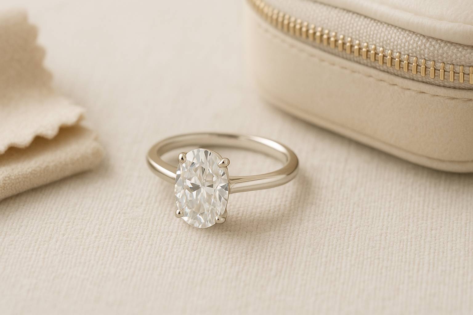 Sparkling Gemiros moissanite ring on beige linen with cleaning cloth and travel jewelry case, symbolizing safe and easy ring care.
