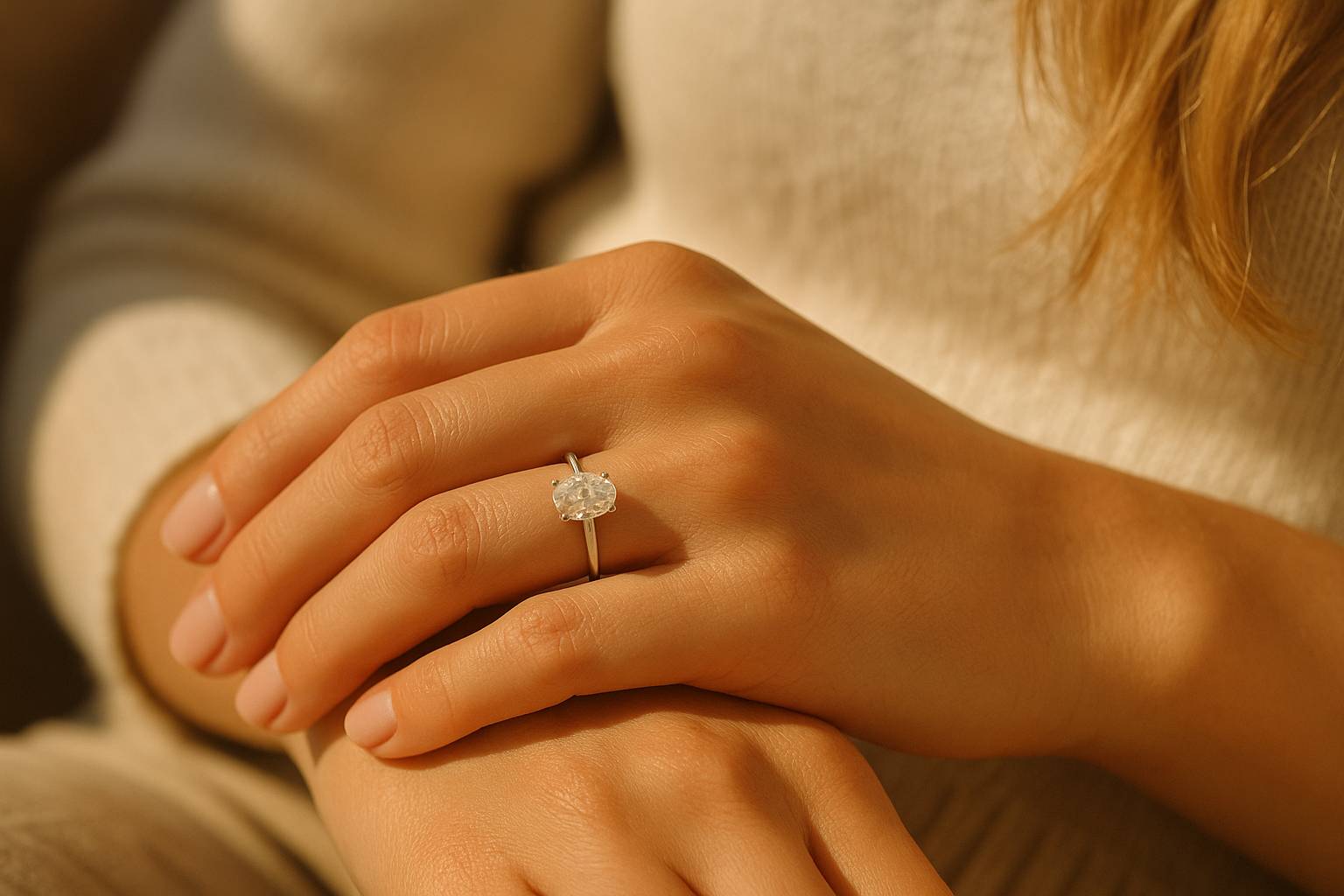 Close-up of a woman’s left hand wearing a nickel-free hypoallergenic engagement ring with an oval simulated diamond