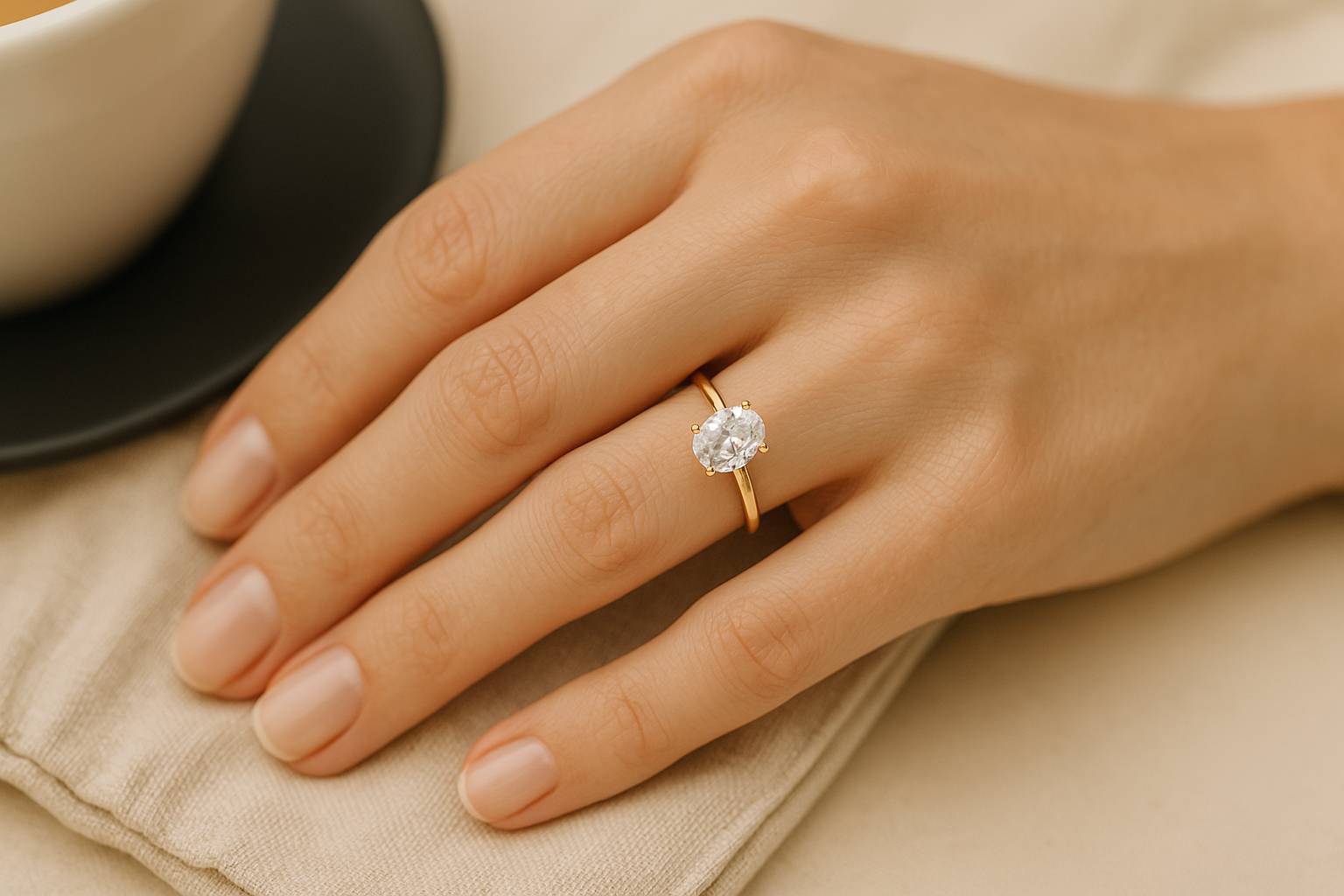 Woman’s hand wearing The Celeste Ring, an oval-cut low-profile solitaire, resting on beige linen with a coffee cup in the background