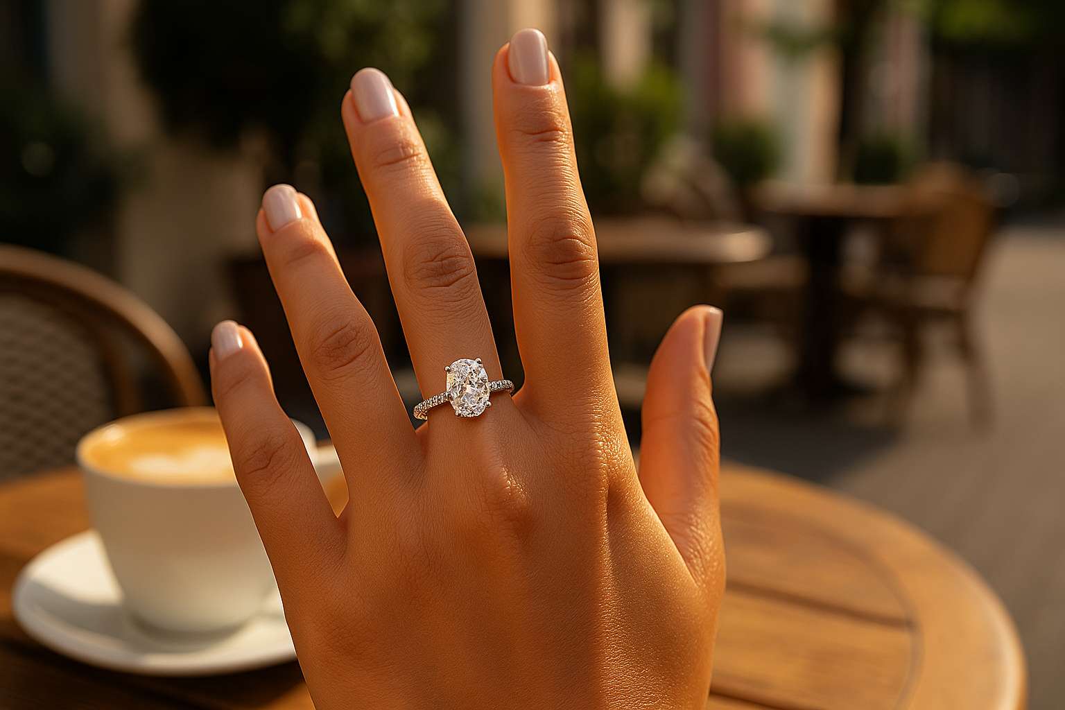 Woman’s hand at a sunlit café wearing a sparkling moissanite oval solitaire ring; warm travel vibe with coffee cup in background, shallow depth of field.