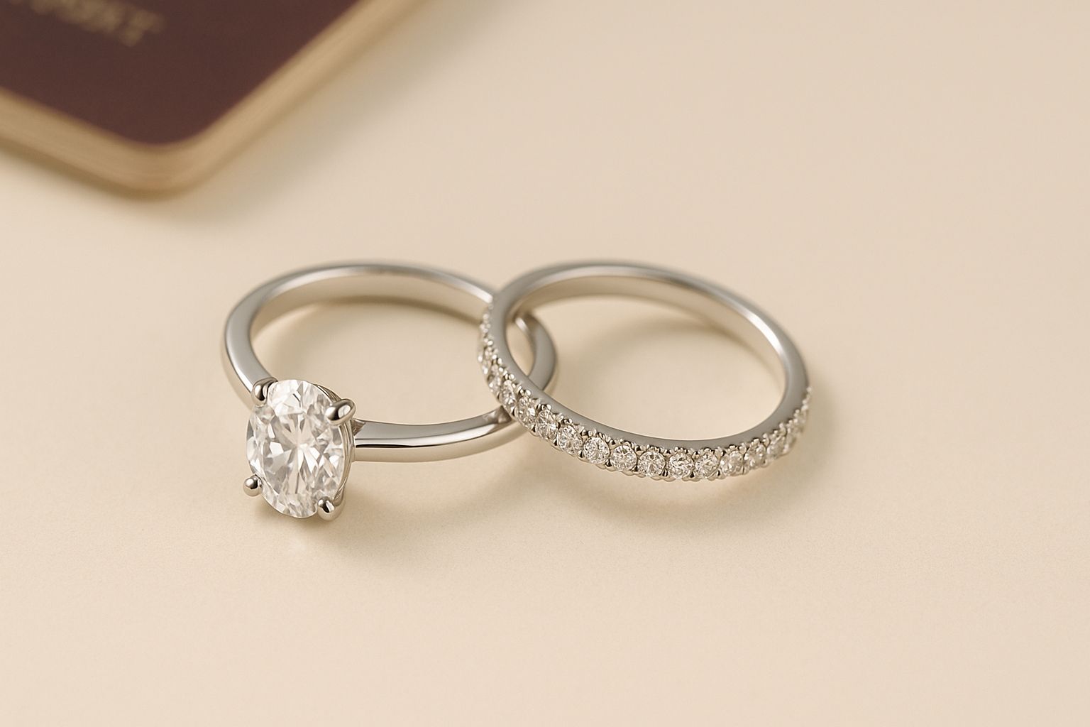 Two rings (oval solitaire + pavé band), sterling-silver tone