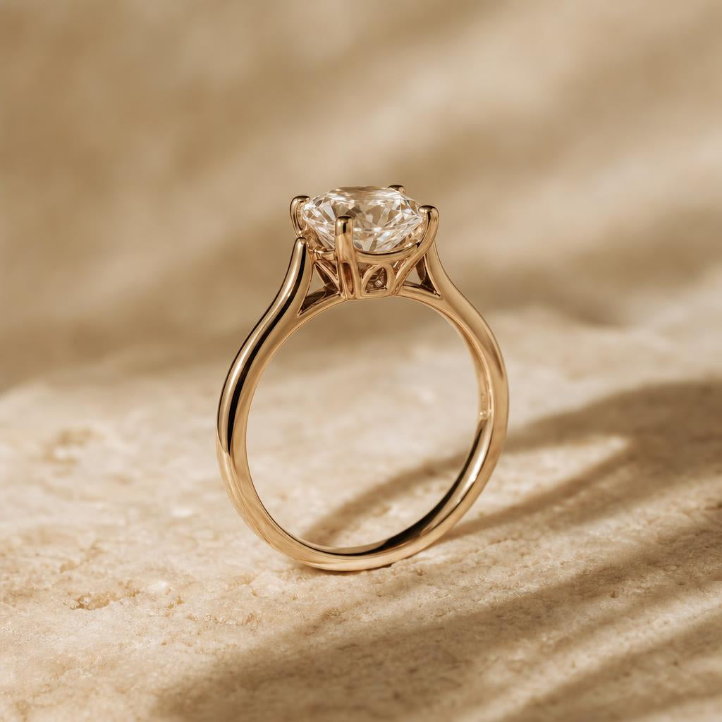 Close-up of an elegant ring showing the band, crown and setting details