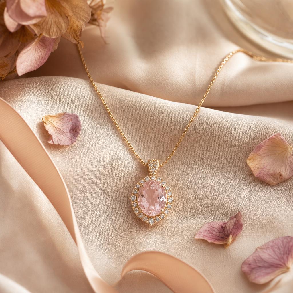 Delicate pendant necklace draped on warm cream silk with soft light