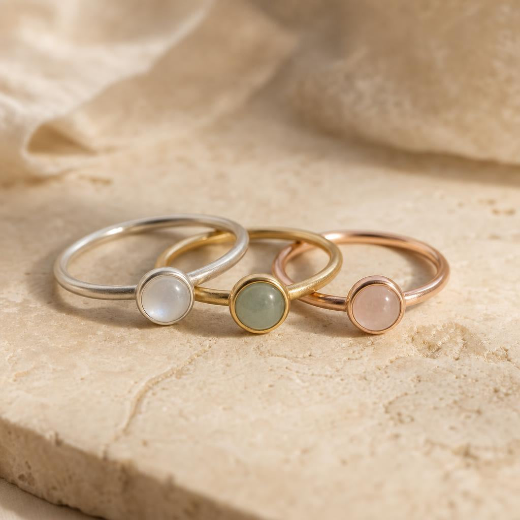Three delicate bezel-set rings arranged on a warm stone surface
