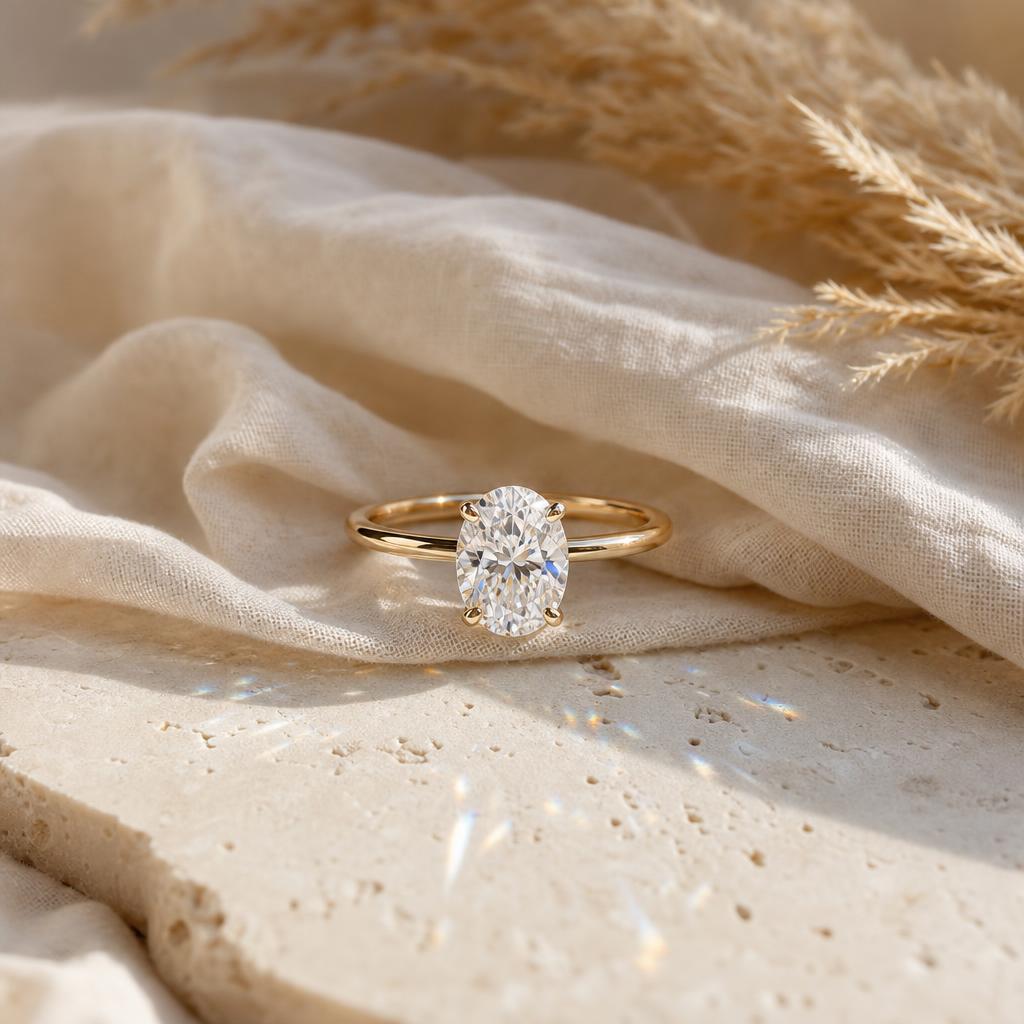 Oval moissanite solitaire ring on cream limestone with soft linen and pampas