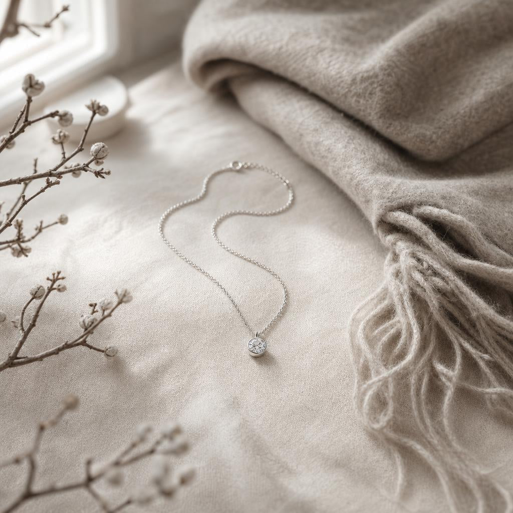 Silver pendant necklace on cream linen beside a folded scarf and winter branches