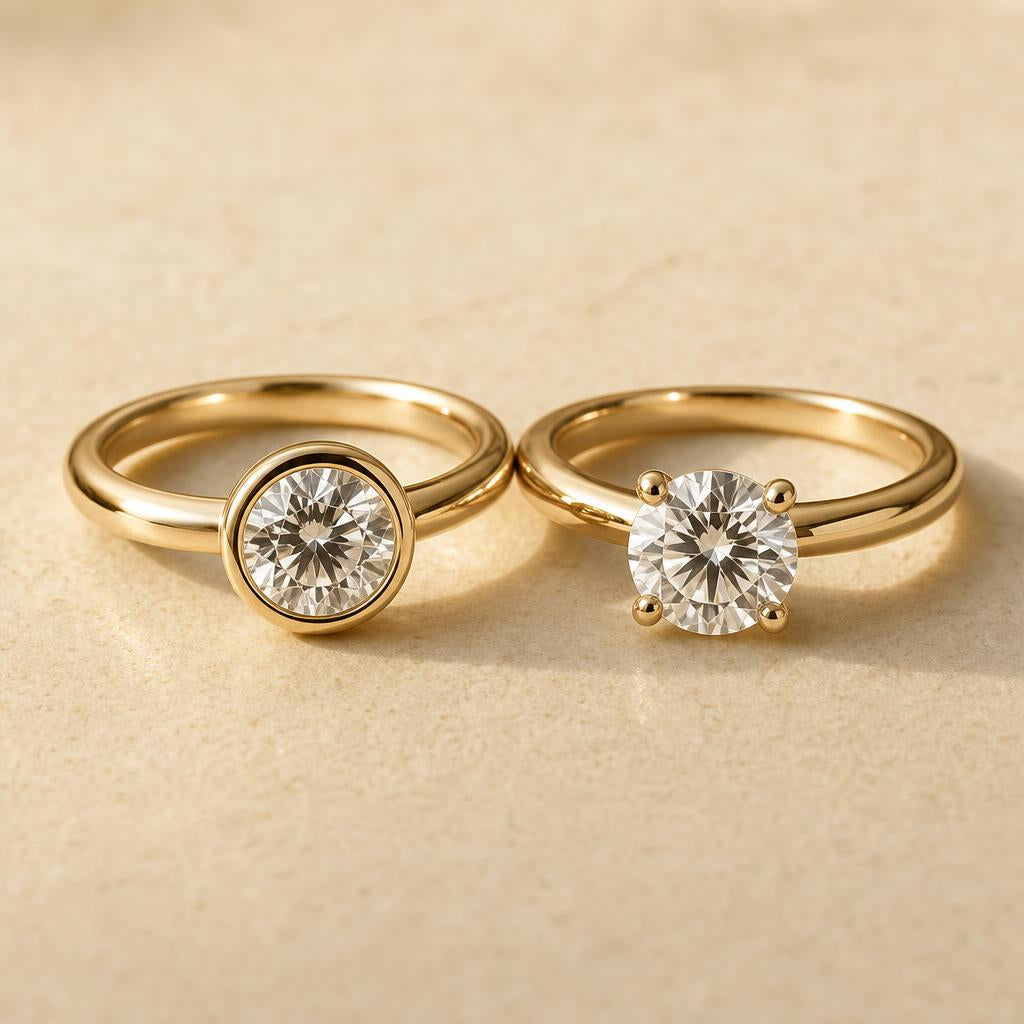 Two simulated diamond rings on cream surface comparing bezel and prong settings