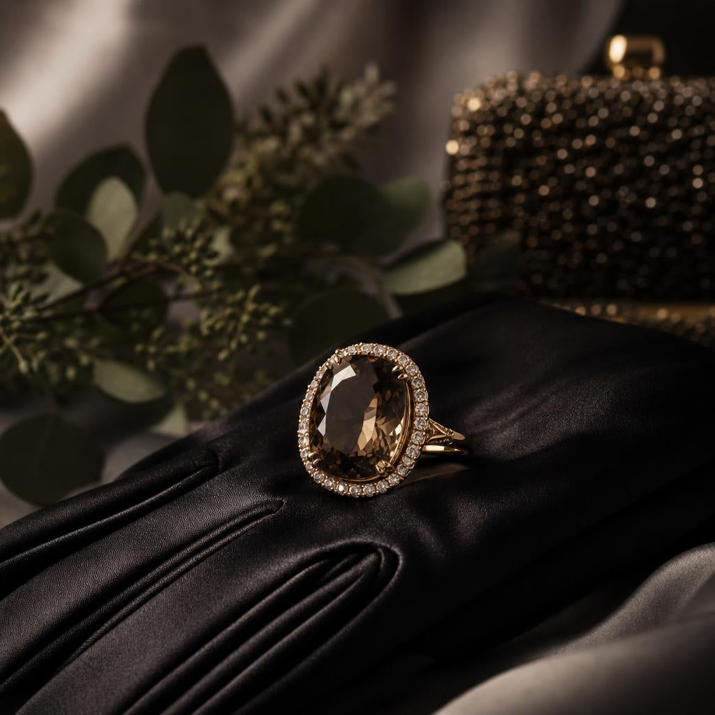 Statement ring resting on a folded black silk evening glove