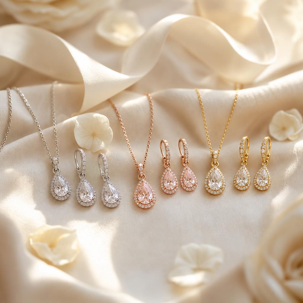 Coordinated necklace and earring jewelry sets styled with ribbon for a wedding