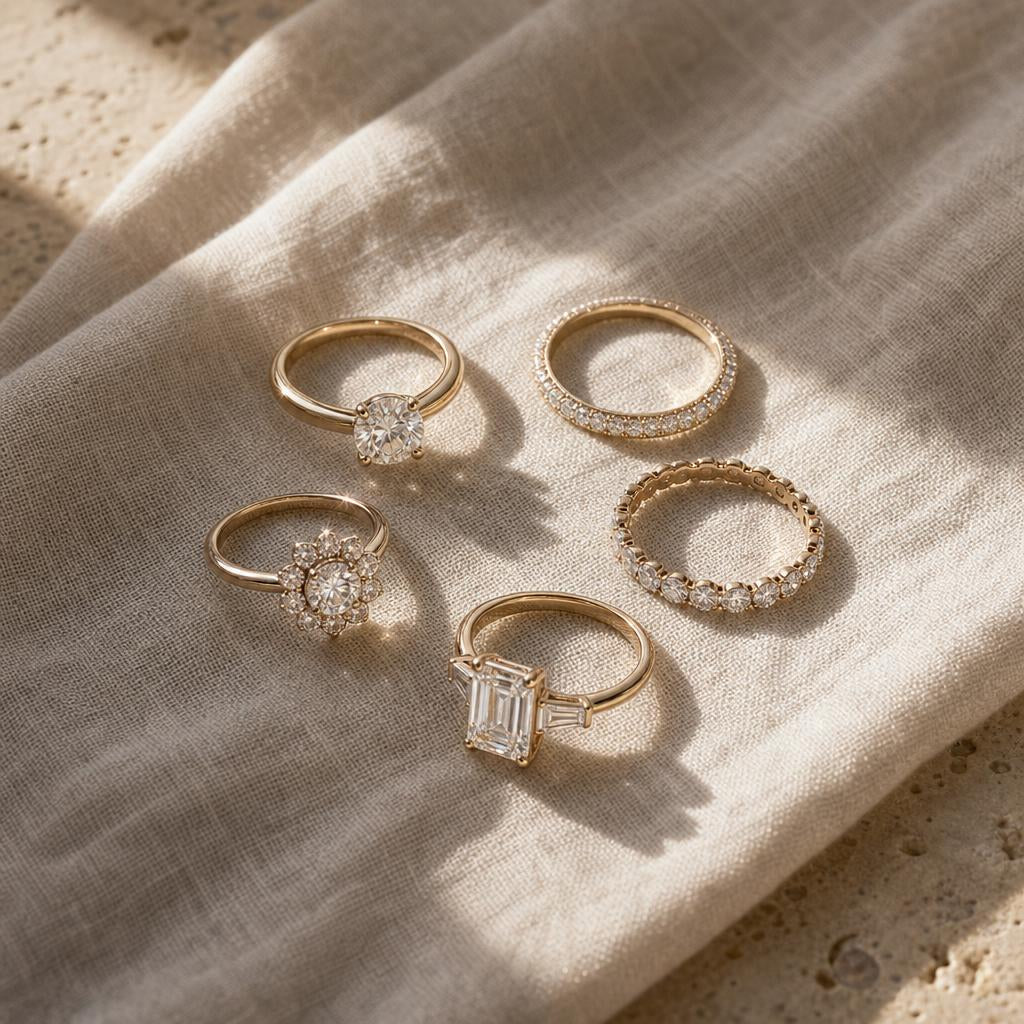 An elegant cluster of five delicate rings on warm cream fabric