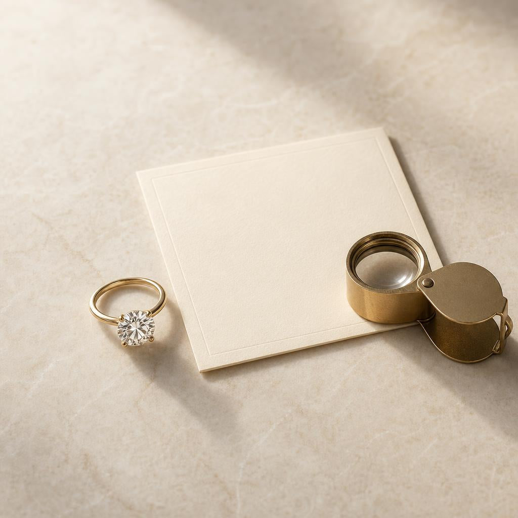 Sparkling ring beside a blank gemological report card and jeweler's loupe