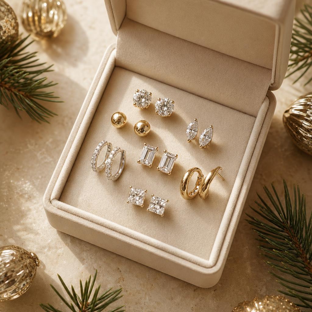 Open jewelry box with sparkling stud earrings and pine sprigs