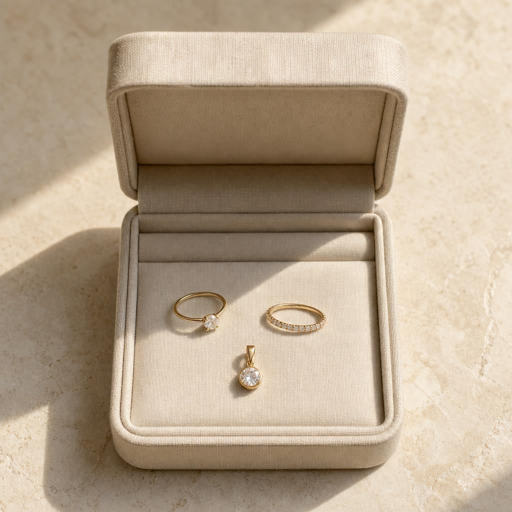 Open jewelry box with a few curated rings and a pendant on cream stone