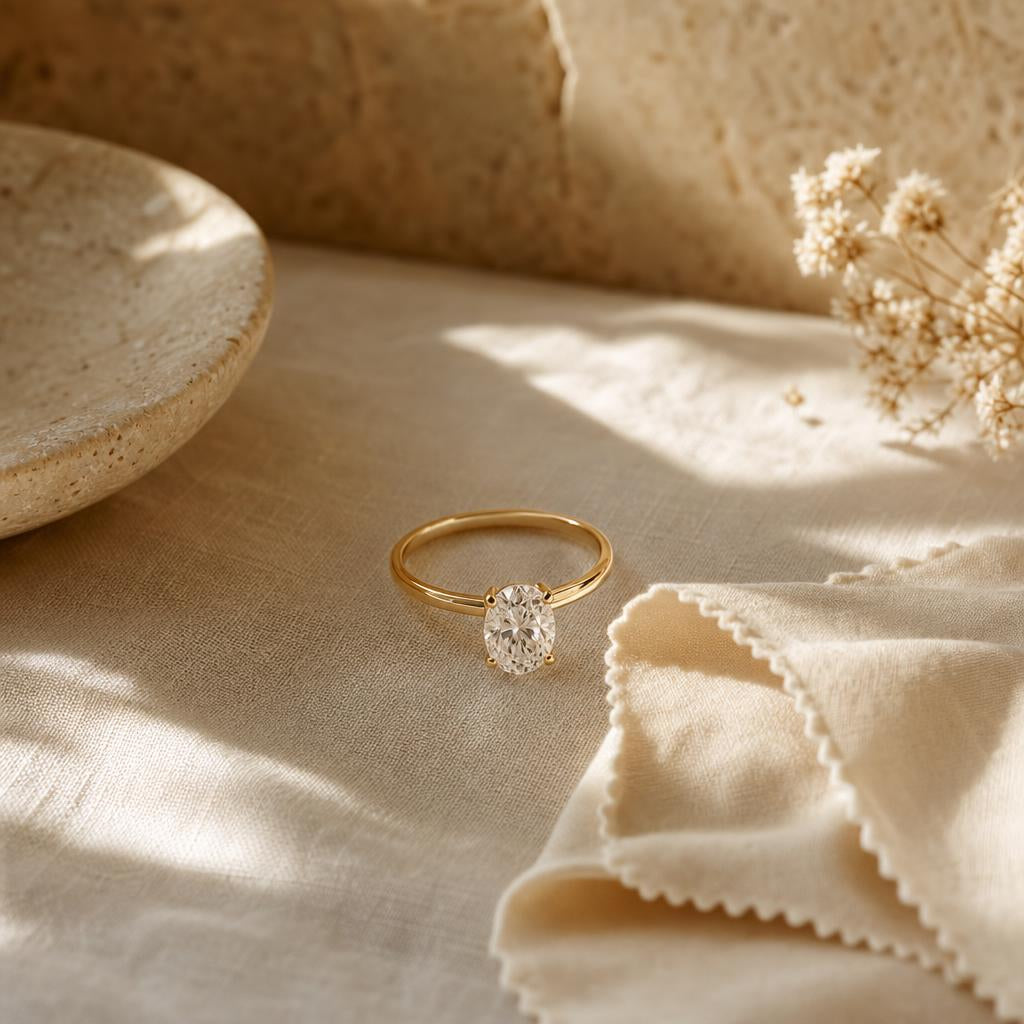 Sterling silver ring resting on cream linen with a polishing cloth