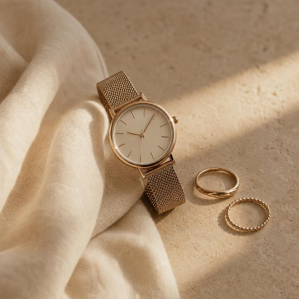 Gold wristwatch and rings arranged on warm cream linen surface