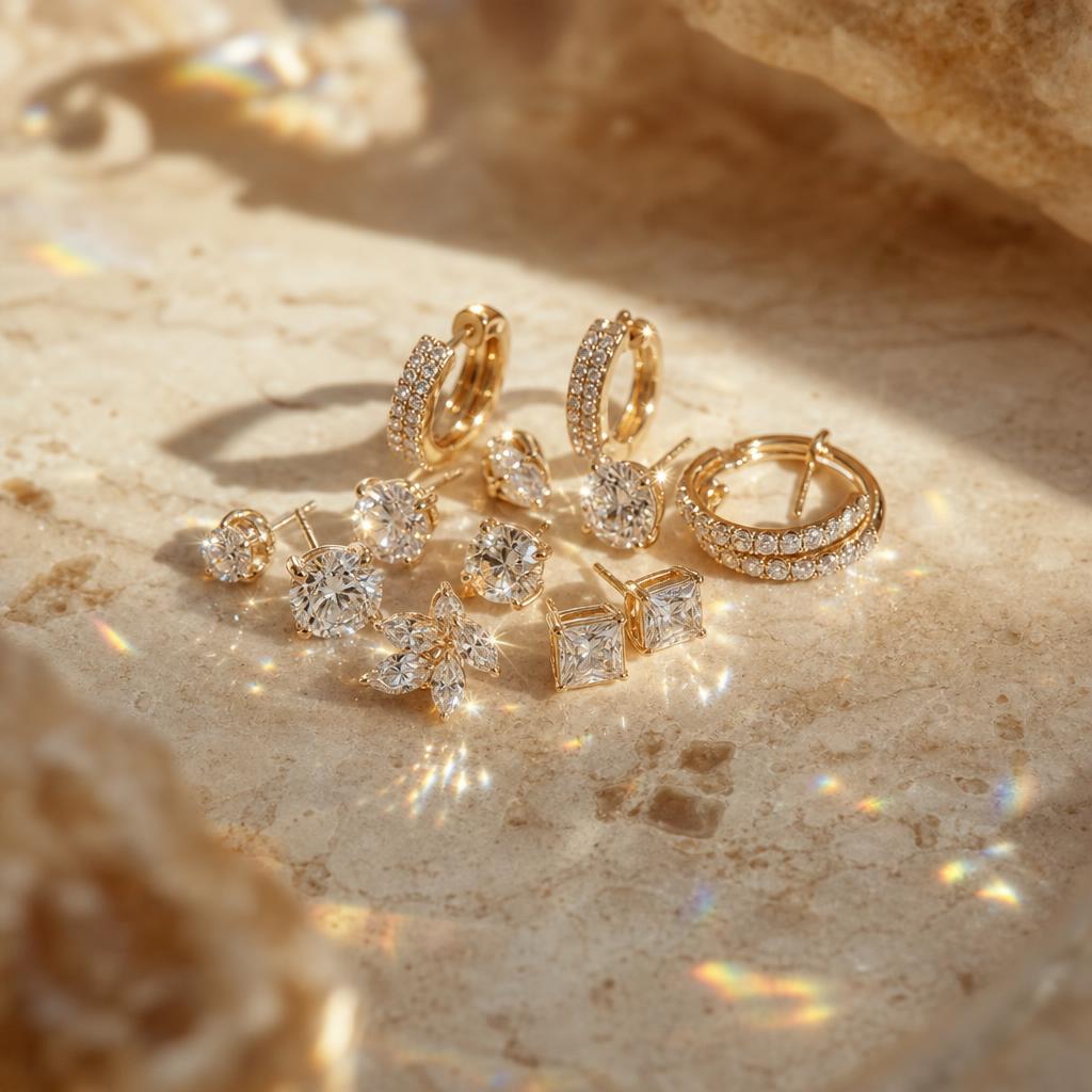 Cluster of sparkling stud and hoop earrings catching warm editorial light