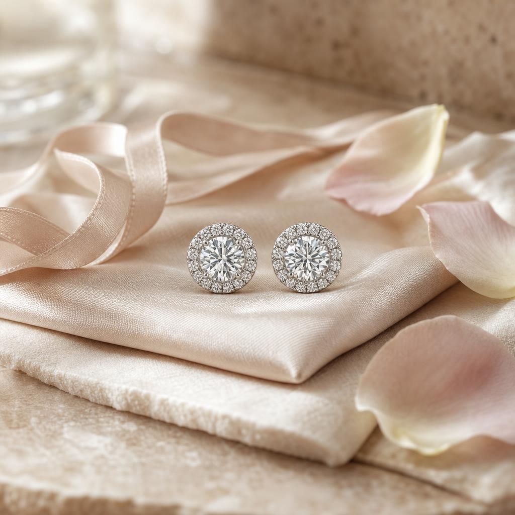 Pair of sparkling halo stud earrings on champagne satin with soft petals
