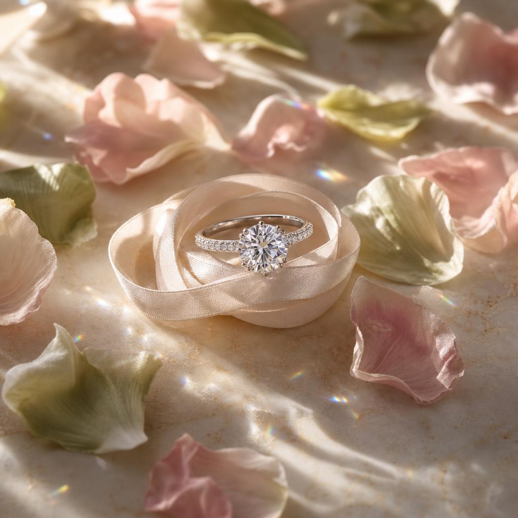 Sparkling diamond ring on ribbon with blush and sage spring petals