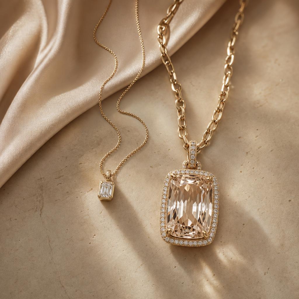 Two contrasting pendant necklaces, one delicate and one dramatic, side by side
