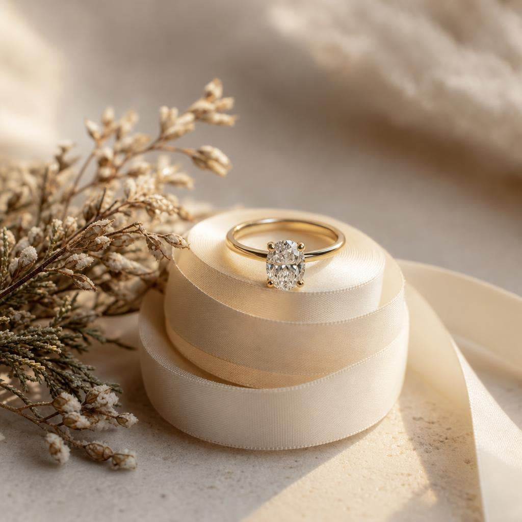Elegant ring on ivory ribbon with winter greenery, warm editorial light