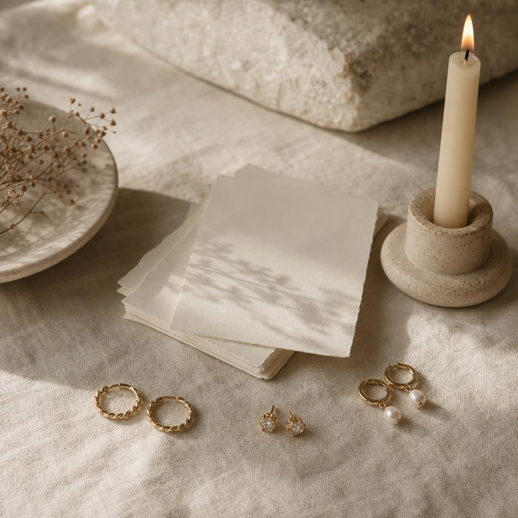 Delicate stud and hoop earrings arranged on cream linen with a candle