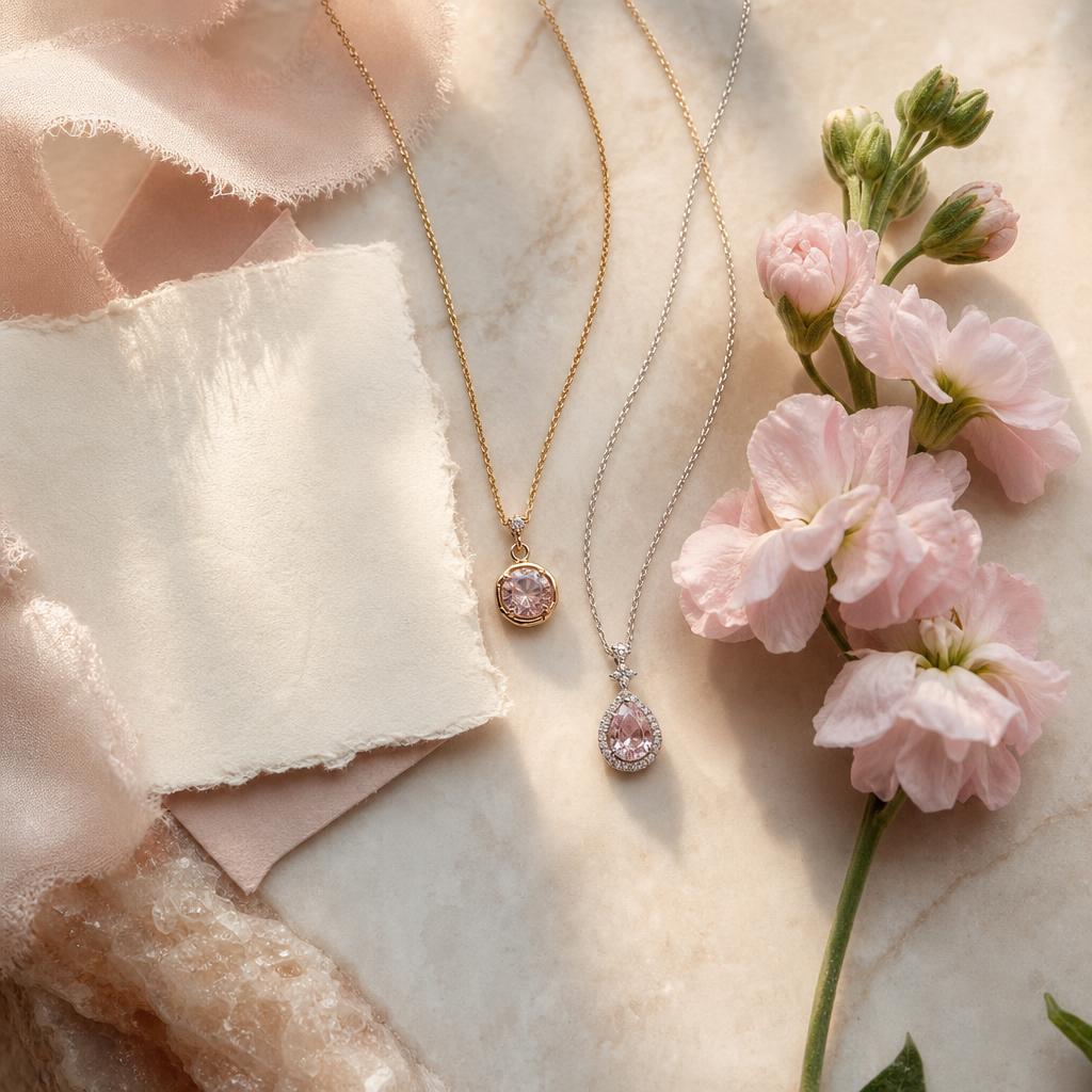 Two pendant necklaces beside a gift note and pink flowers