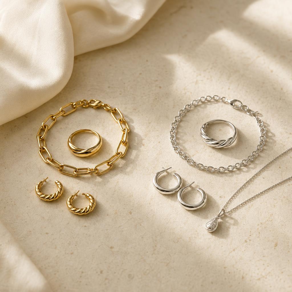 Warm gold-toned and cool silver-toned jewelry arranged side by side on stone