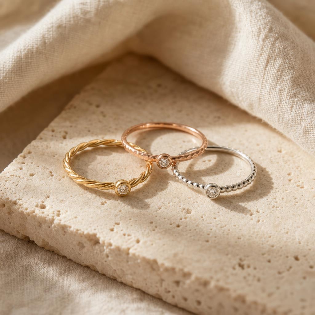 Three rings in warm yellow gold, rose gold, and silver tones on cream stone