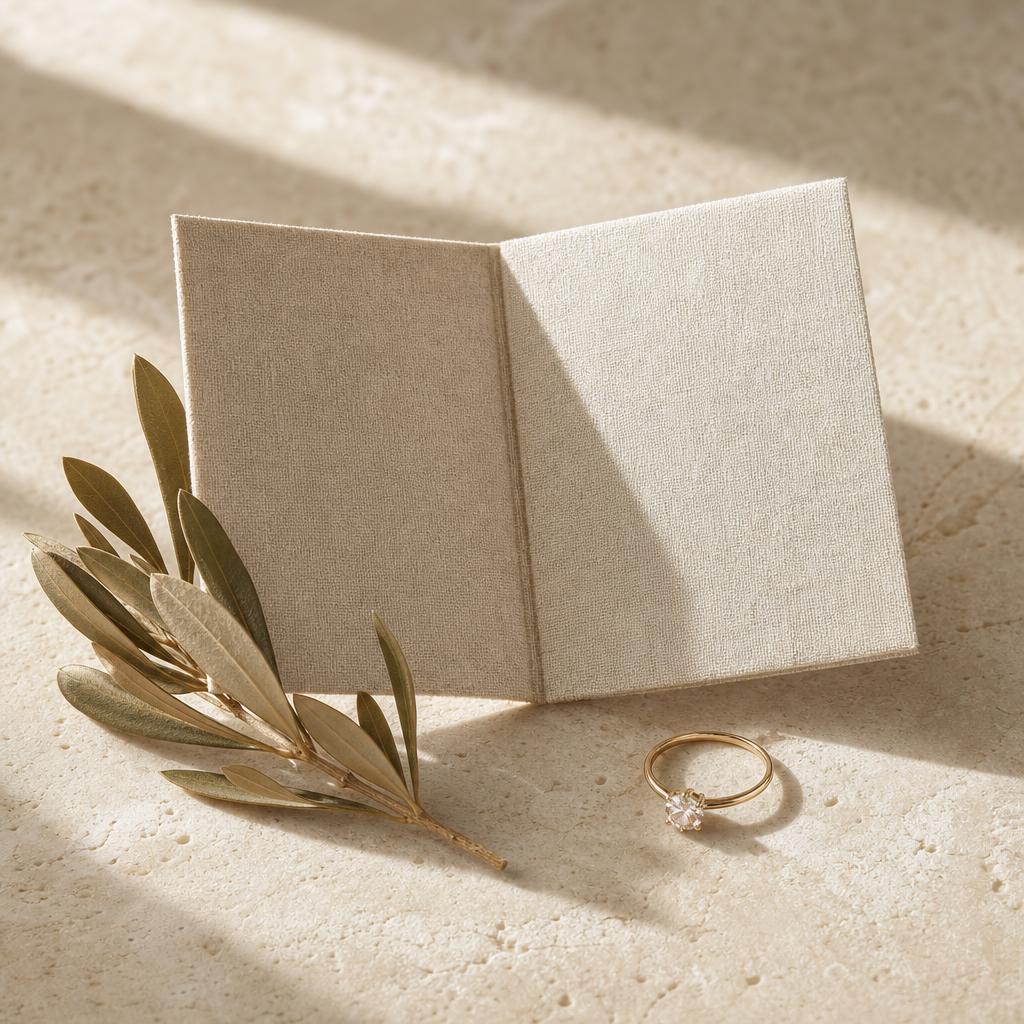 Delicate sparkling ring beside a linen card and dried olive sprig