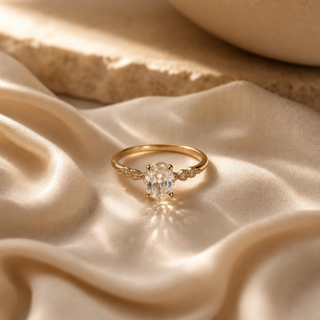Delicate ring with hidden halo sparkle on warm cream fabric