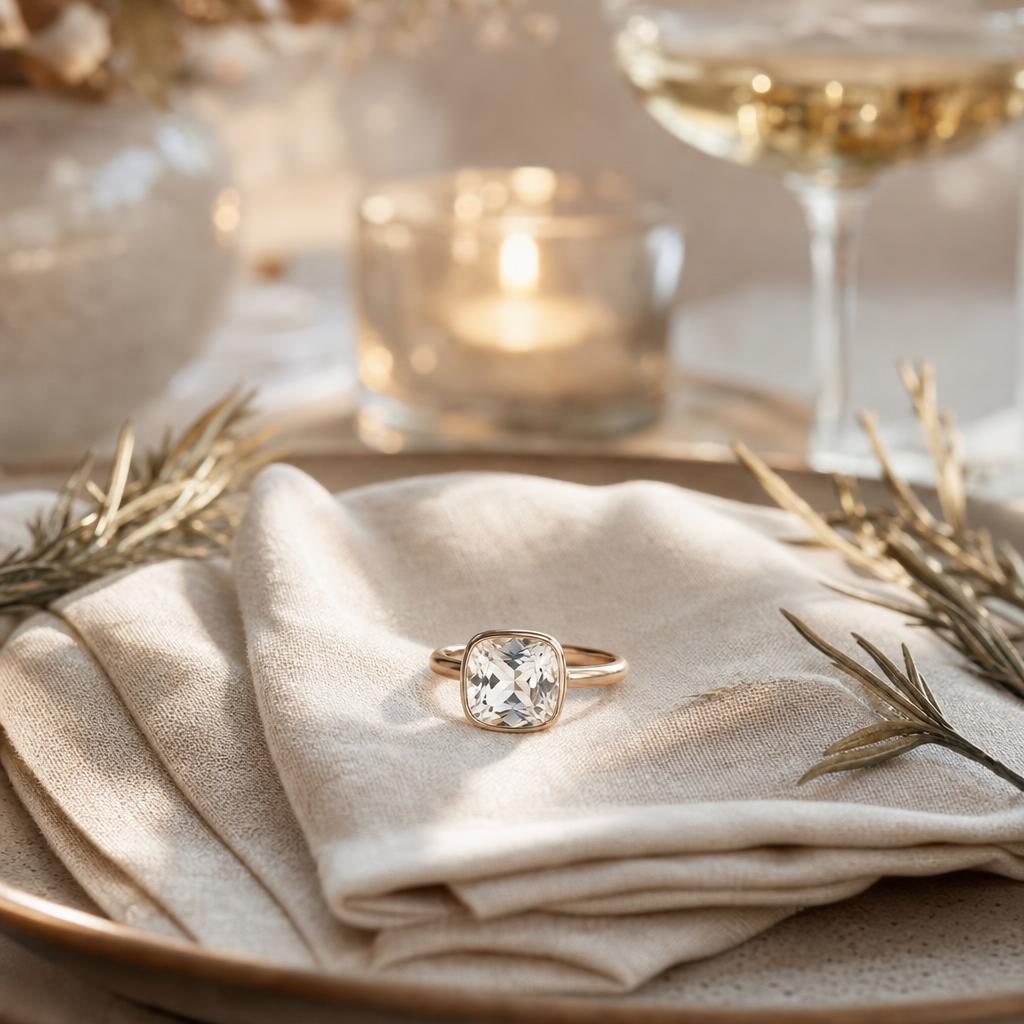 Sparkling ring on cream linen napkin beside candlelit holiday dinner table