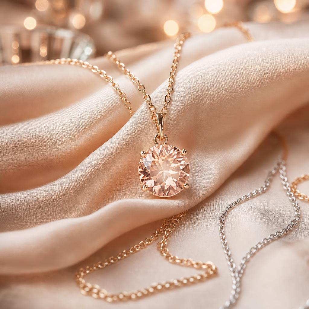 Sparkling pendant necklace draped on warm cream silk fabric