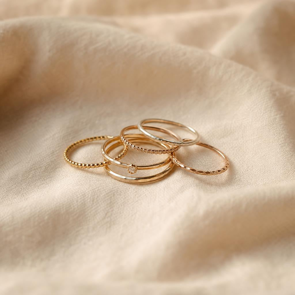 Several thin stacking rings arranged in a cluster on warm cream fabric
