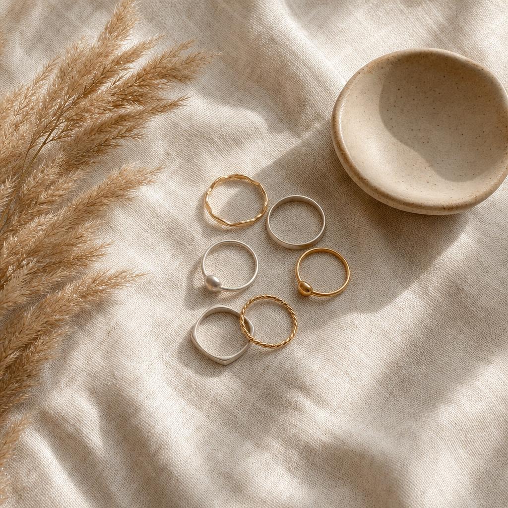 Small cluster of gold and silver rings arranged on cream linen fabric
