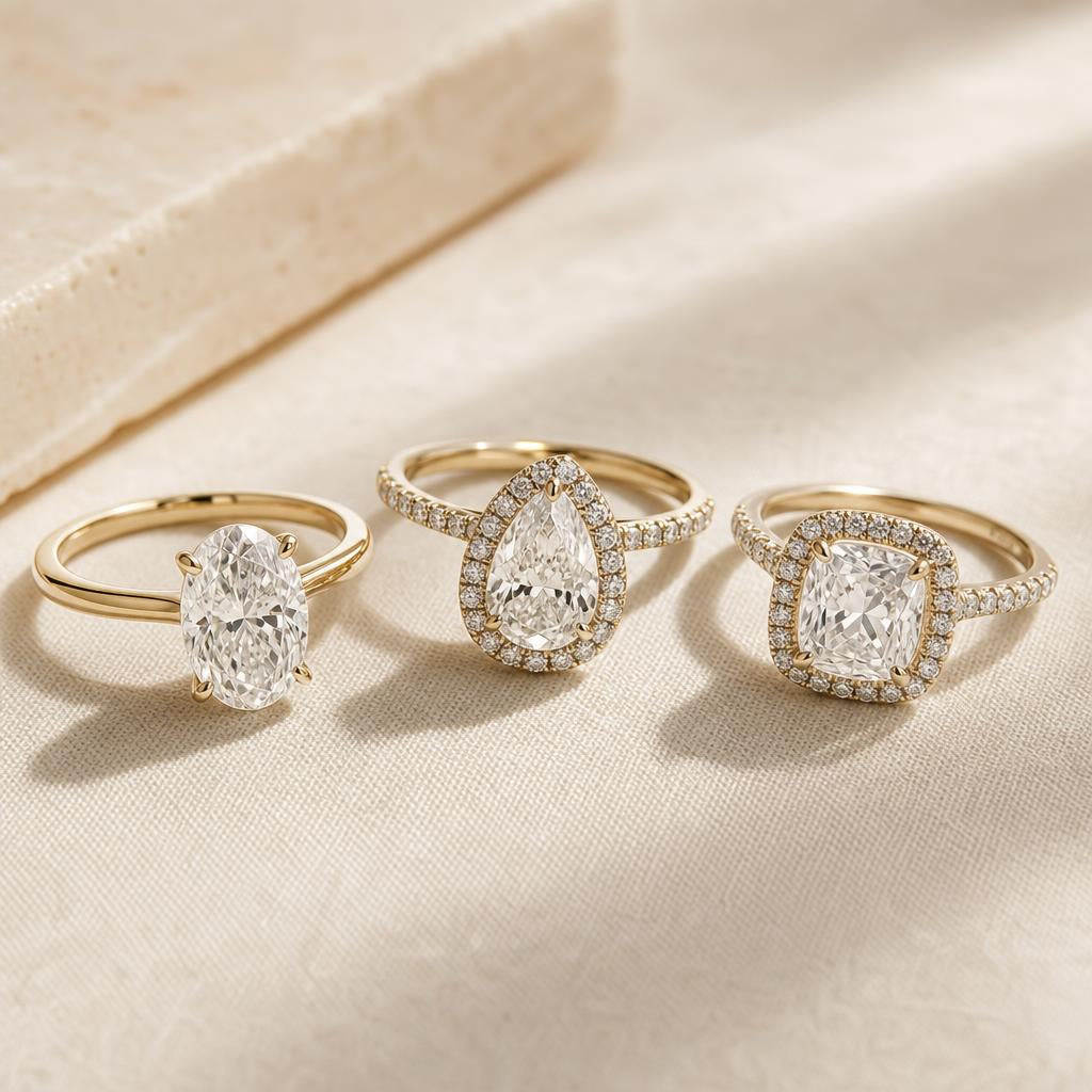 Three simulated diamond rings of different shapes arranged on cream linen — oval solitaire, pear halo, and cushion halo