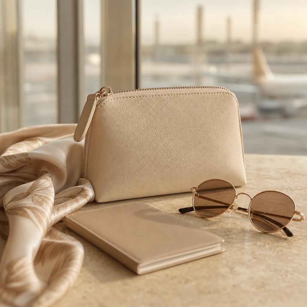 Cream leather pouch, silk scarf and notebook on a stone surface near airport windows