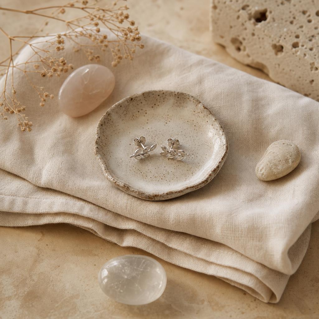 Silver stud earrings resting on warm cream linen fabric