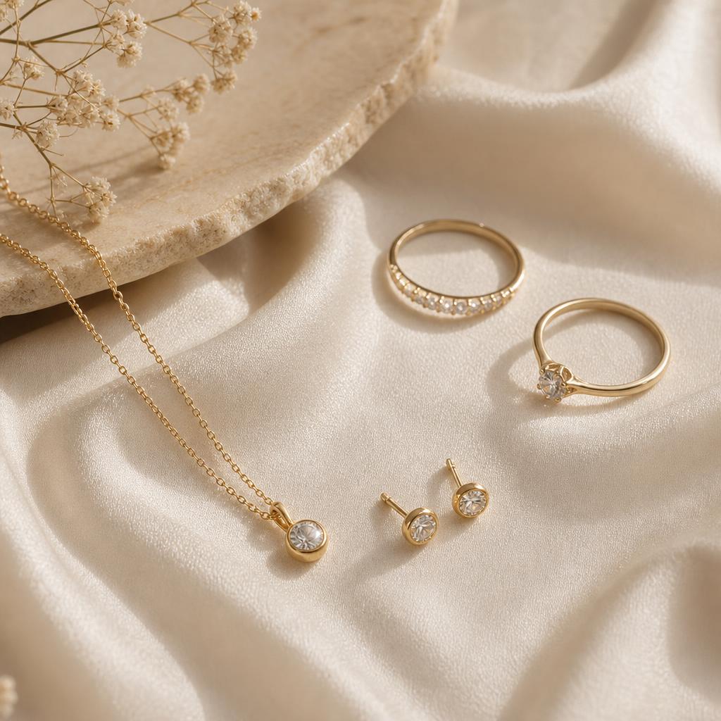 Curated flat lay of delicate rings, necklace, and stud earrings