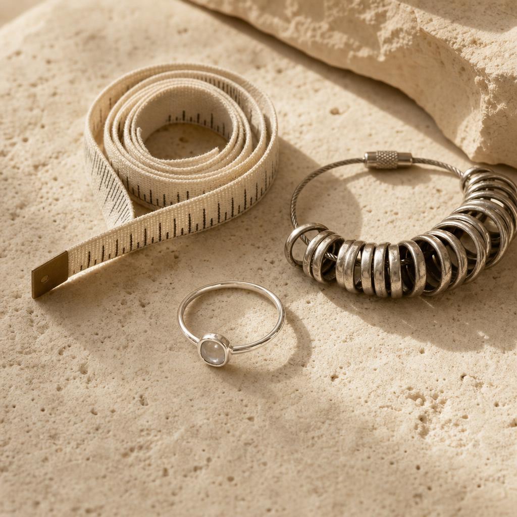 Silver ring resting beside a measuring tape and ring sizer on cream stone