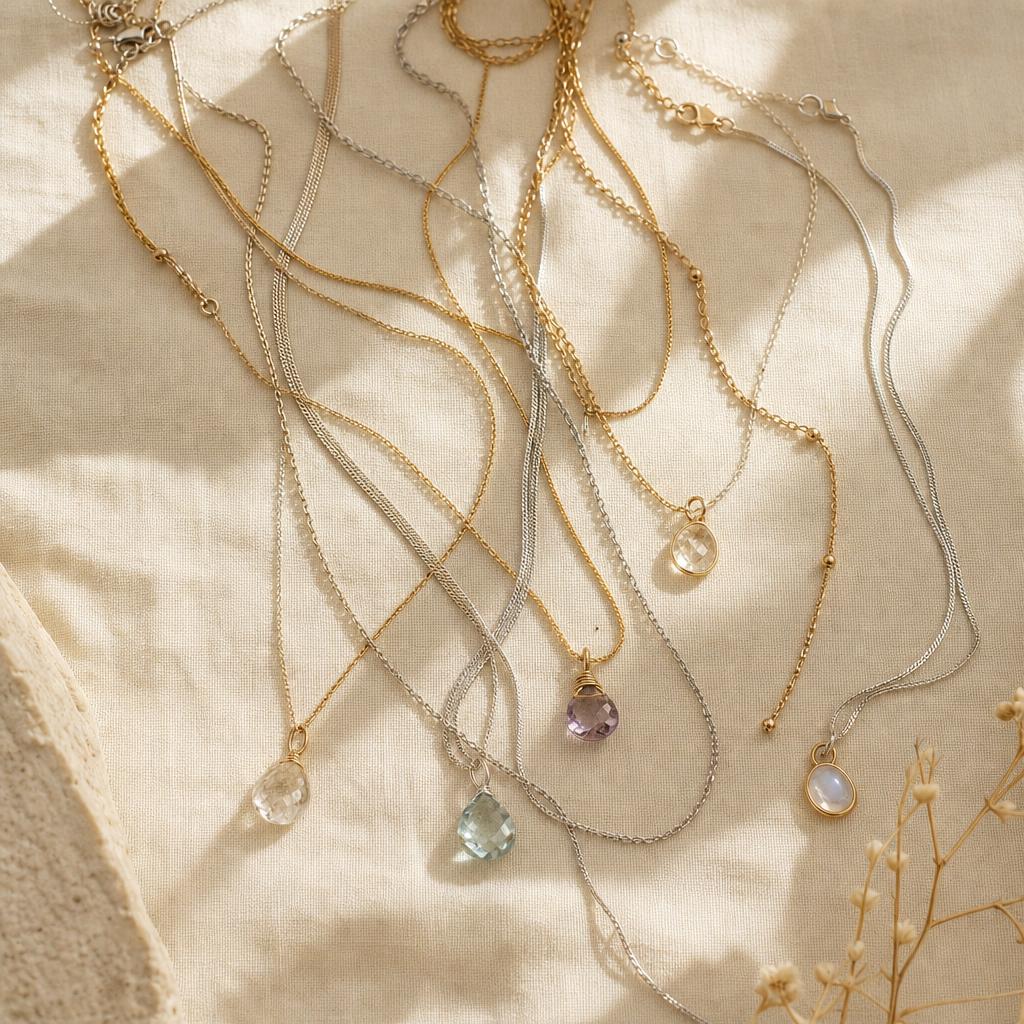 Layered gold and silver necklace chains on cream linen background