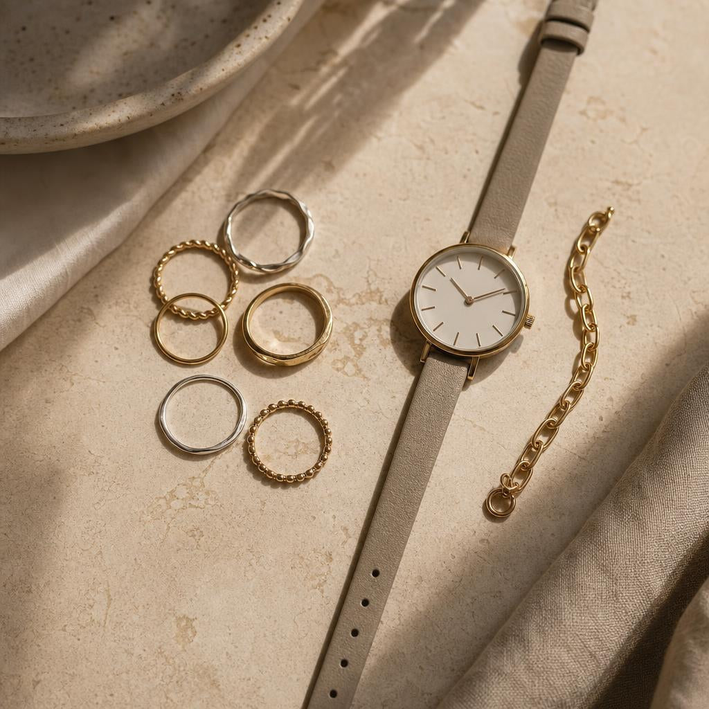 Delicate stacking rings arranged beside a slim watch and bracelet