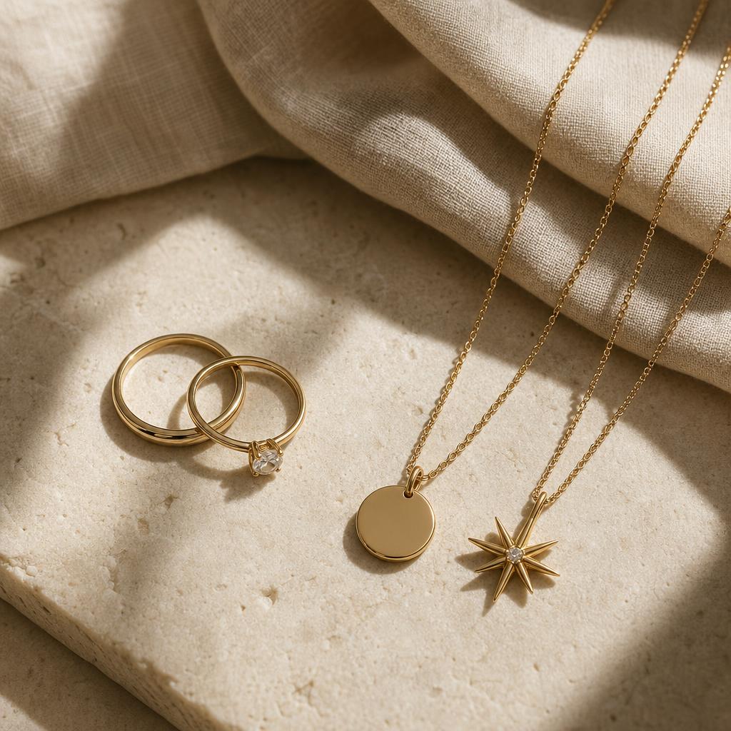 Two rings and two pendant necklaces paired together on a warm cream surface