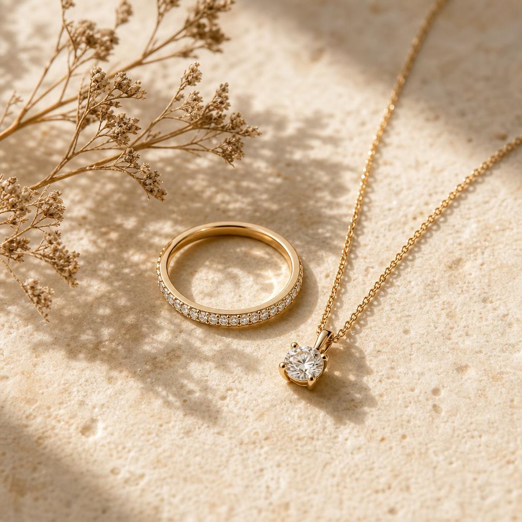 A pavé ring and pendant necklace arranged together on warm stone