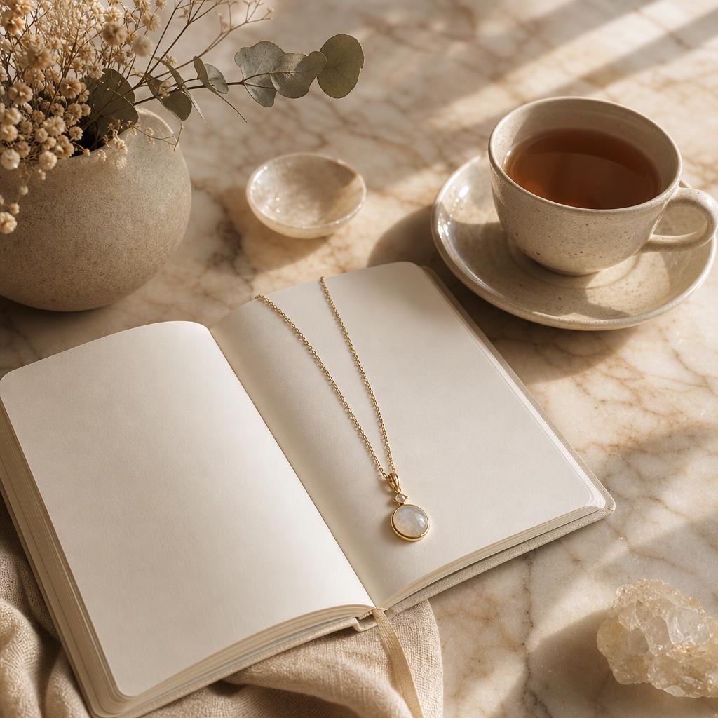 Delicate pendant necklace resting on an open journal in soft morning light