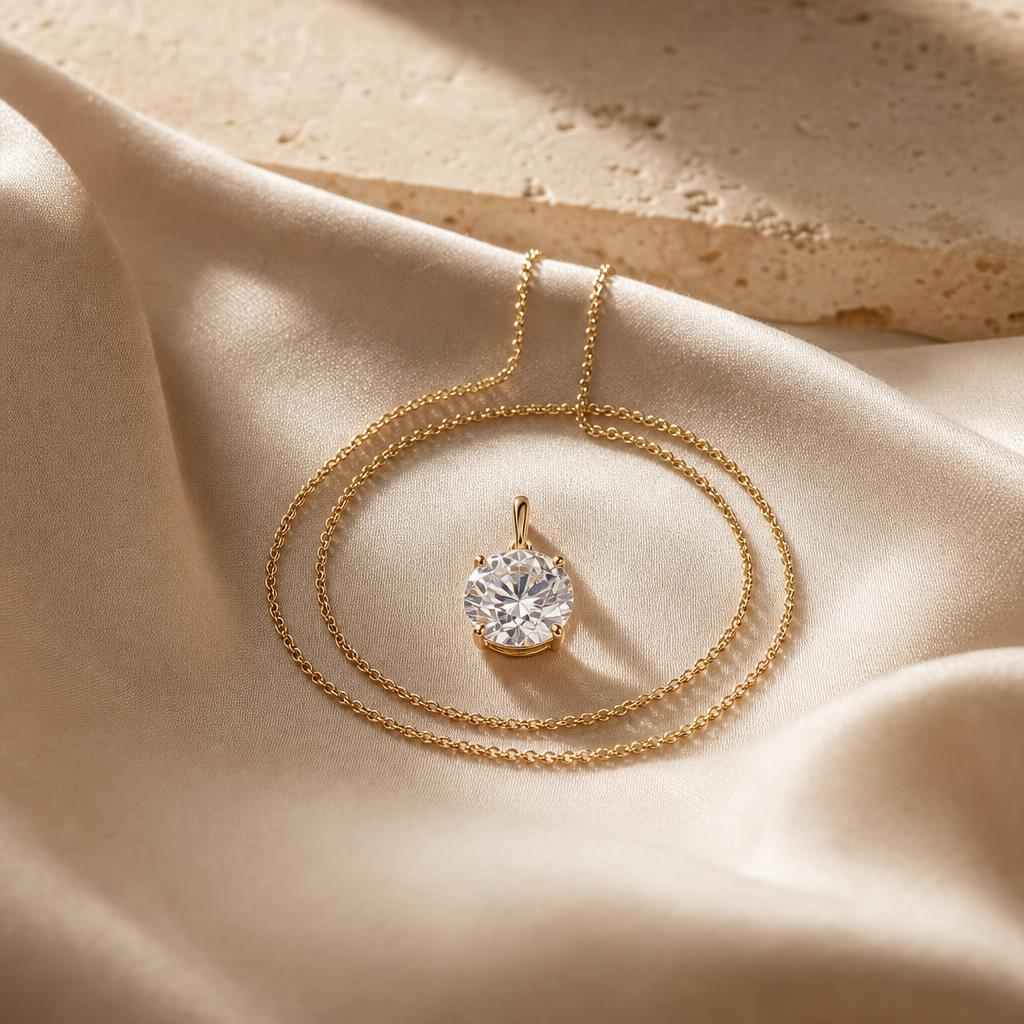 Sparkling pendant necklace coiled on warm cream silk with soft natural light