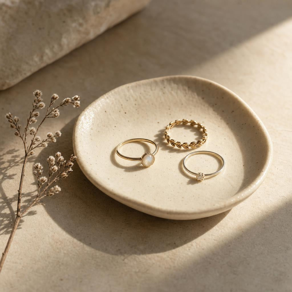 Small curated collection of rings arranged on a cream ceramic dish