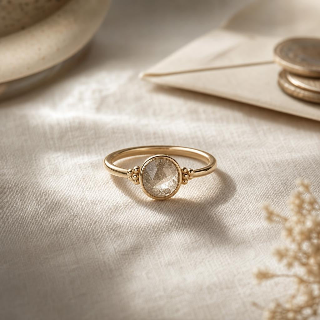 Simulated diamond ring resting alone on warm cream linen, soft natural light