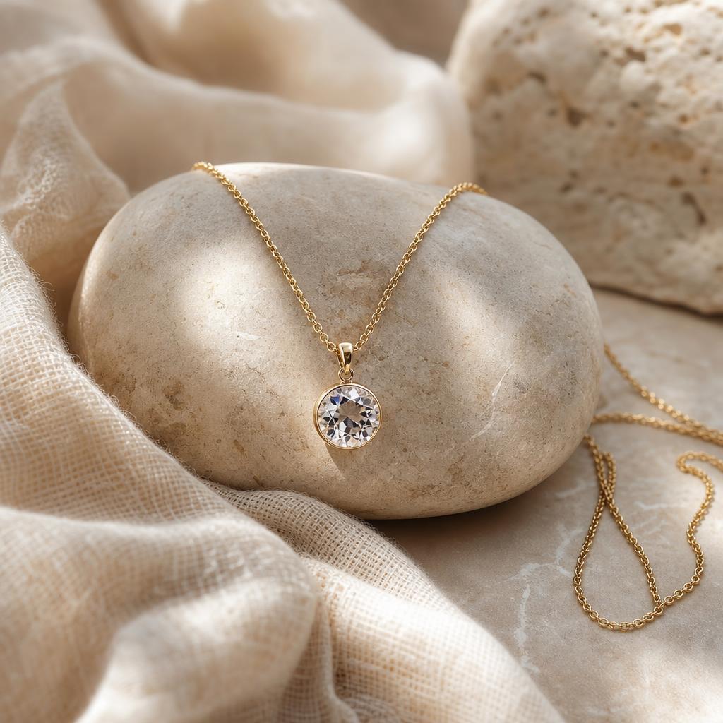 Delicate pendant necklace draped on pale stone catching soft light